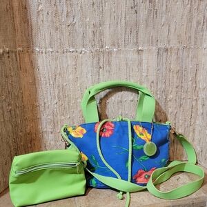 Liz Claiborne Red Poppy Floral or Solid Lime Green Reversible Mini Purse Tote